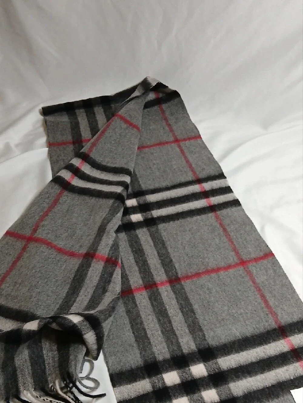 Burberry Gray Plaid Scarf with Black and Red Stripes